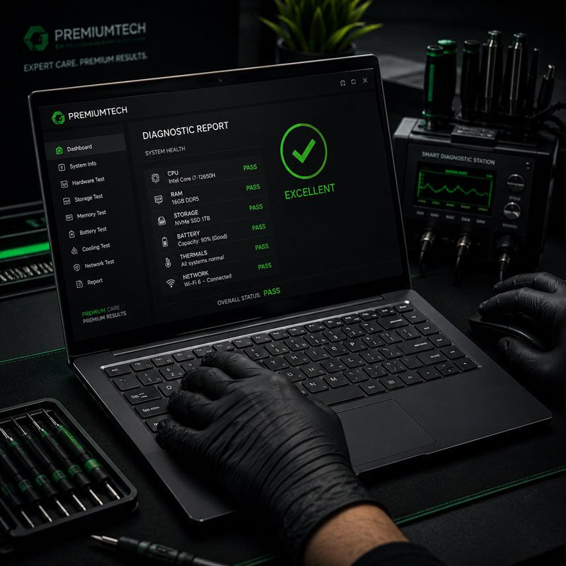 Laptop σε πάγκο εργαστηρίου με ενδεικτική αναφορά ελέγχου στην οθόνη — κατάσταση επεξεργαστή, μνήμης, αποθηκευτικού χώρου, μπαταρίας, θερμοκρασιών και δικτύου.